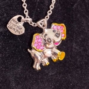 Silver Tone Elephant w/ PINK Rhinestone & gold Trimmed necklace New